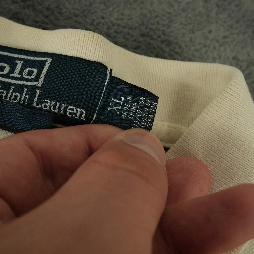 Polo Ralph Lauren Polo Shirt Mens XL Cream Brown Striped Custom Fit Short Sleeve